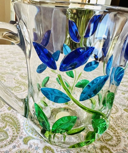 Venice Italy Hand Made Heavy Clear Blue Green Leaves Glass Pitcher Art Vase - Picture 7 of 15