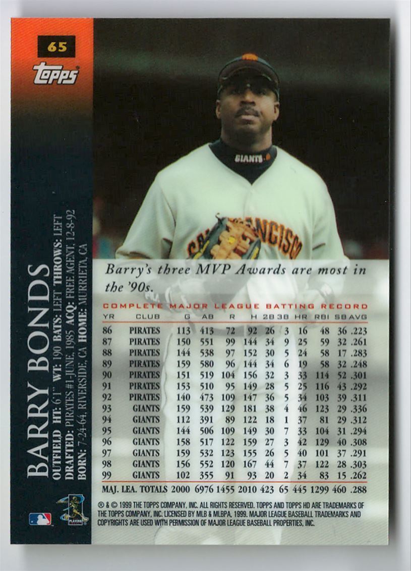 1998 Topps HD Barry Bonds San Francisco Giants #65 - Photo 2 sur 2