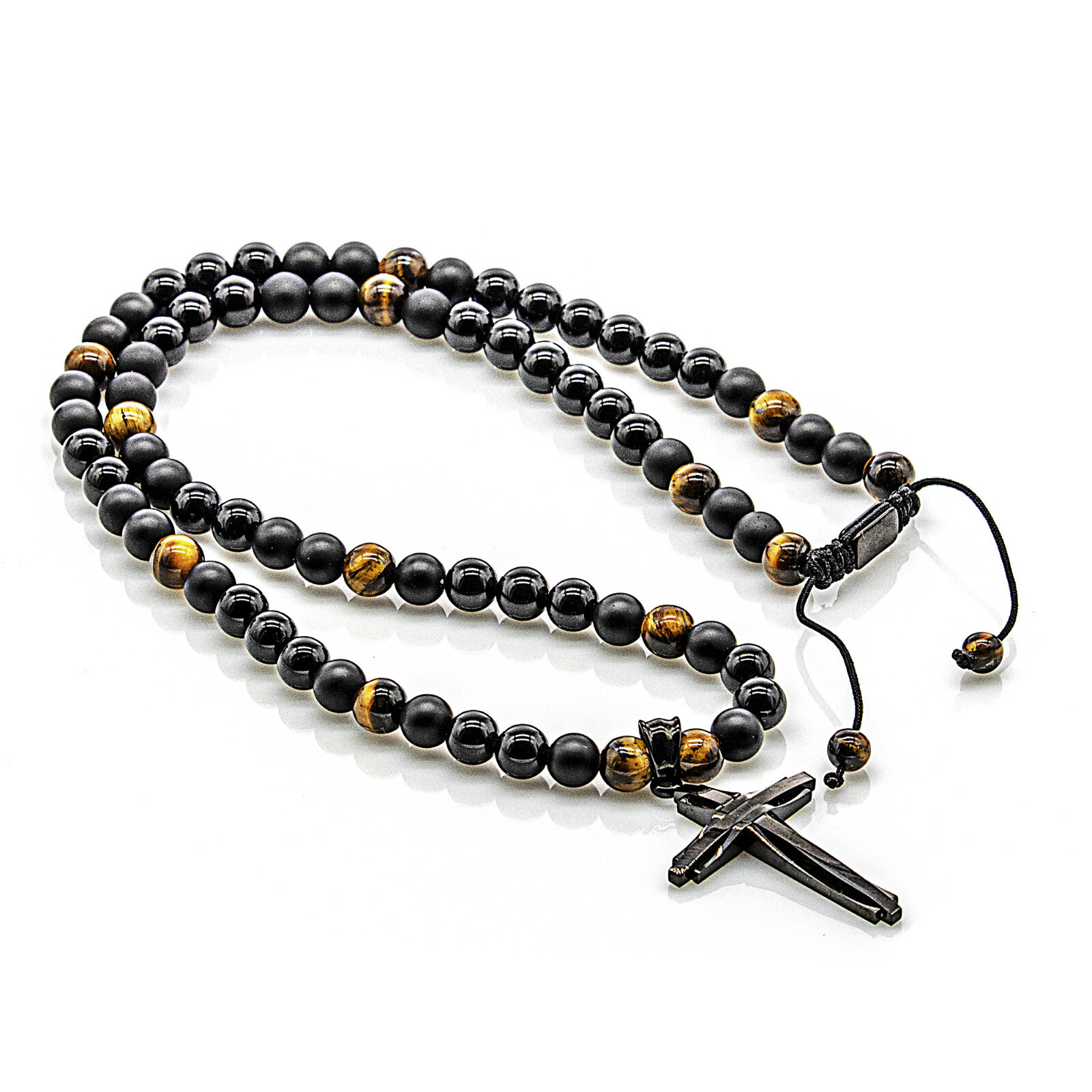 Onyx Halskette Perlen Kette Tigerauge Damen Herren schwarz 8mm Kreuz Edelstahl 
