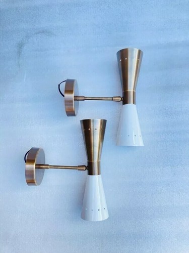 1950s Mid Century Modern Brass Diabolo Wall Sconce Lamp Pair Italian Design. - Picture 2 of 4