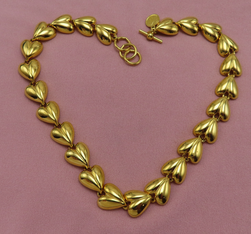 Anne Klein Necklace Vintage Statement Gold Puffed Heart Link Choker 18 inch 407f - Picture 6 of 9