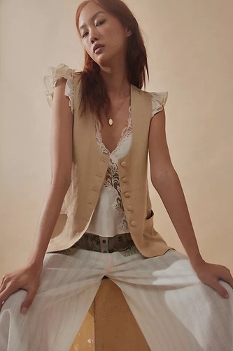 FREE PEOPLE MILLIE LEINEN DAMEN WESTE GRÖSSE S HELLBRAUN RUNDHALSAUSSCHNITT NEU KOSTENLOSER VERSAND!