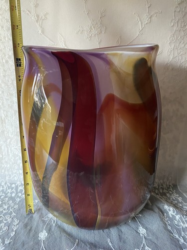 Jarrón de colección Eric Slawson soplado a mano vidrio artístico 13” x 9” multicolor firmado pesado - Imagen 6 de 7