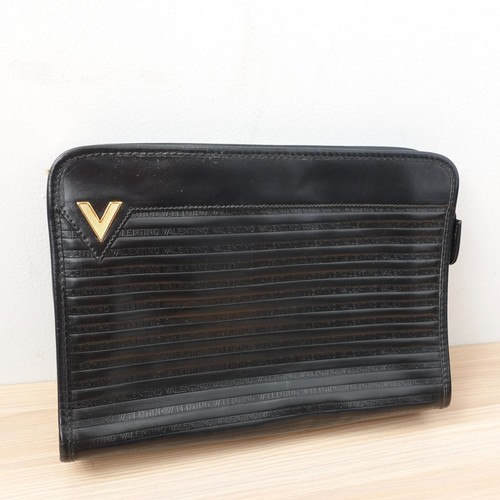 Vintage VALENTINO Bag Black Leather V Logo Clutch Italian Purse Italy MARIO - Picture 16 of 21