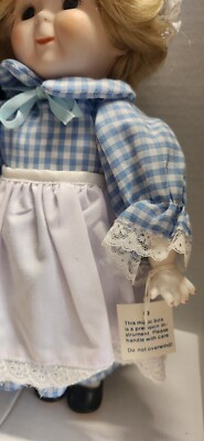 Schmid Musical Porcelain Doll Blue white Lace Dress w Bonnet 12 Schmid Musical Porcelain Doll Blue white Lace Dress w Bonnet 12