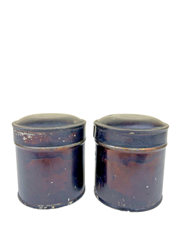 2 Antique Tin Spice Canisters 2 5/8” x 2 5/8” x 3” Farmhouse Cottage Core Patina