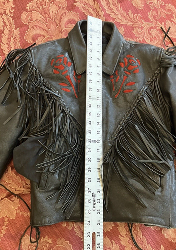 Womens XS Yukon Jack Leathers Fringe Jacket Lined w/ Red Rose Vintage Patina! - Picture 17 of 24
