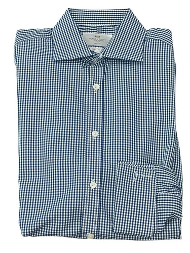 HAWES & CURTIS MEN'S DRESS SHIRT NAVY GINGHAM CHECK NON IRON FRENCH CUFF 16/34