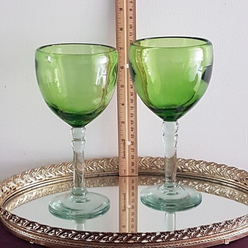 Set of 2 Green Blown Glass Wine Glasses, 12 oz Green Glass Cup, Clear Stem - Picture 2 of 9
