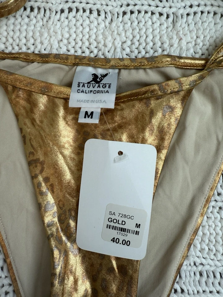 Pantalones de bikini vintage Sauvage California dorados brillantes con estampado de leopardo para mujer S Foto 3 de 4