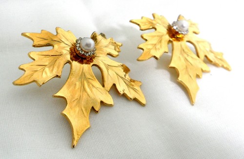 Große Art Deco Jugendstil Ohrringe Japanisches Ahornblatt Kunstperlen Strass Posten - Bild 3 von 5