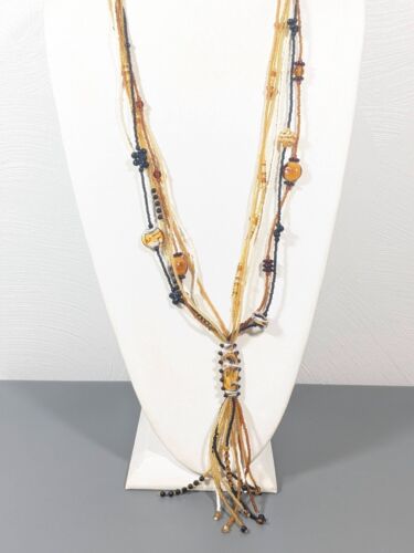 Beachy Coastal Tribal Amber Brown Black Glass Beaded Tassel necklace 32 in