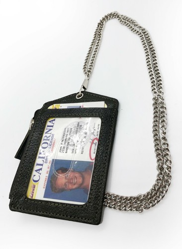 Black Genuine Leather ID Badge Holder Lanyard Card Holder Wallet Neck Strap - Picture 4 of 10