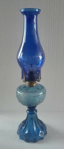 8 1/4" x 2 5/8" Cobalt Blue Beaded Top Glass Chimney Oil Lamps #1 Burners New - Picture 5 of 11