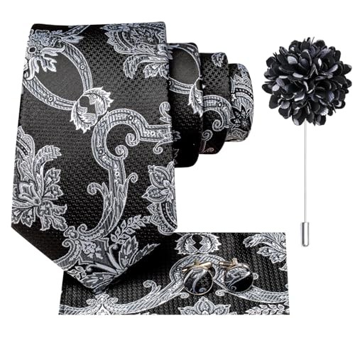 Men's Tie Lapel Pin Set Pocket Square Cufflinks Formal Black White Floral - Bild 2 von 6