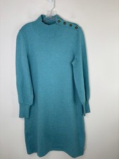 Talbots Sweater Knit Dress Medium teal blue speckled cotton blend buttons