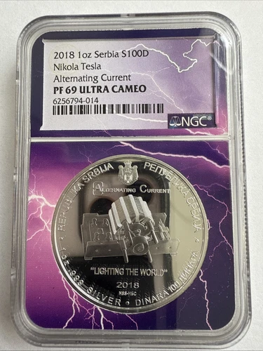 2018 Serbia 100D Nikola Tesla Alternating Current 1oz Silver NGC PF 69 UCAM