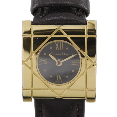 MONTRE DIOR CANNAGE SQUARE D82 150 CUIR GAUFRÉ DORÉ QUARTZ FEMMES CADRAN NOIR