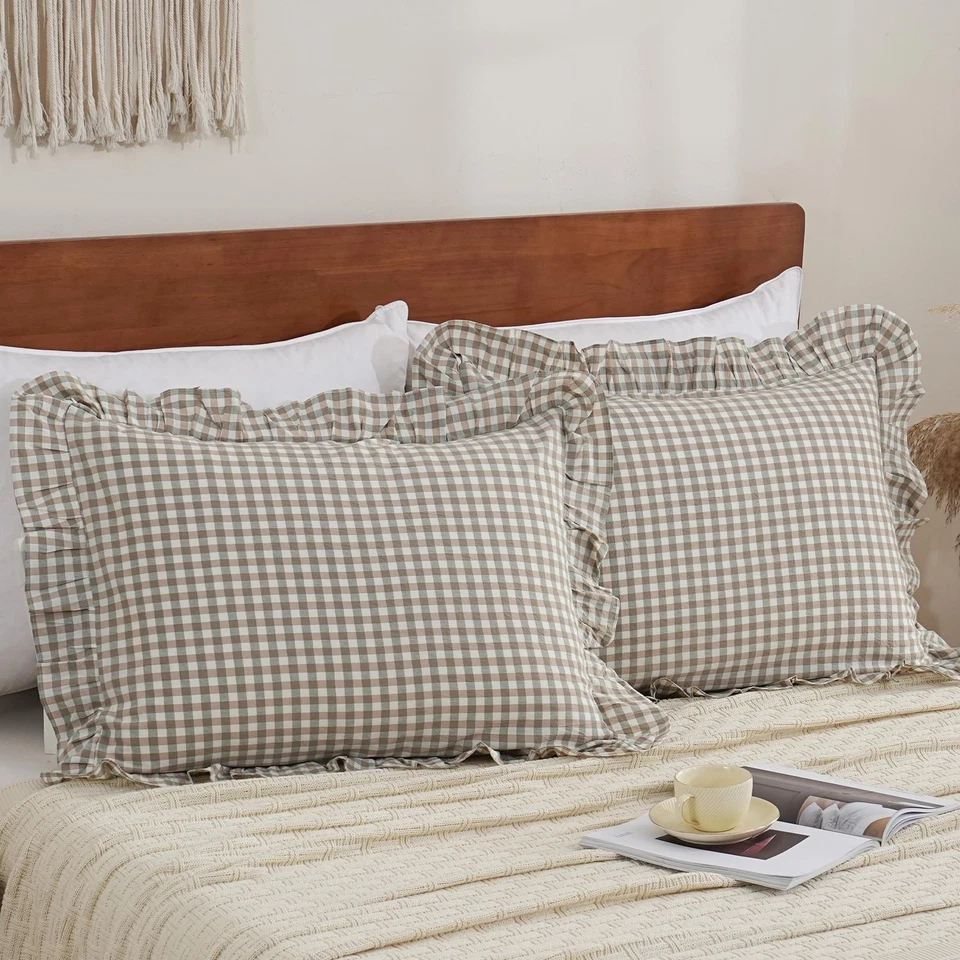 Fundas de almohada con volantes de guinga verde 100 % algodón lavado como lino sensación suave com... Foto 2 de 4