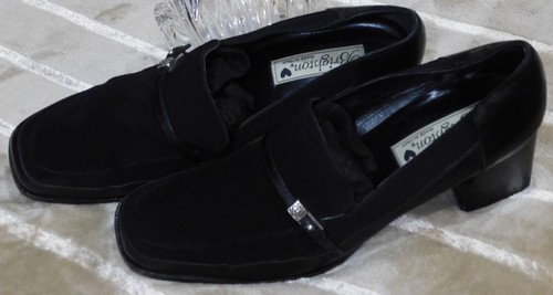 Brighton Elisa Sz 9M Dk Blue Fabric n Soft Italian Leather 2.5" Wood Heels LQQK - Picture 9 of 18