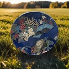 DECOUPAGE GLASS FABRIC back PLATE 9.75” Japanese Motif Floral Abstract Gold Rim