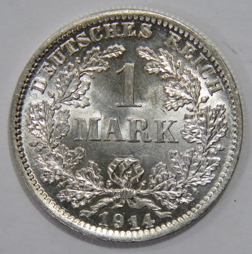 GERMANY 1 MARK IMPERIAL CROWNED EAGLE WILHELM SILVER WORLD COIN 1914 D ๐โญ๐ - Picture 2 of 2