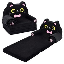Kids Couch, 2-in-1 Soft Toddler Couch Fold Out with Blanket, Chair Black Kitty