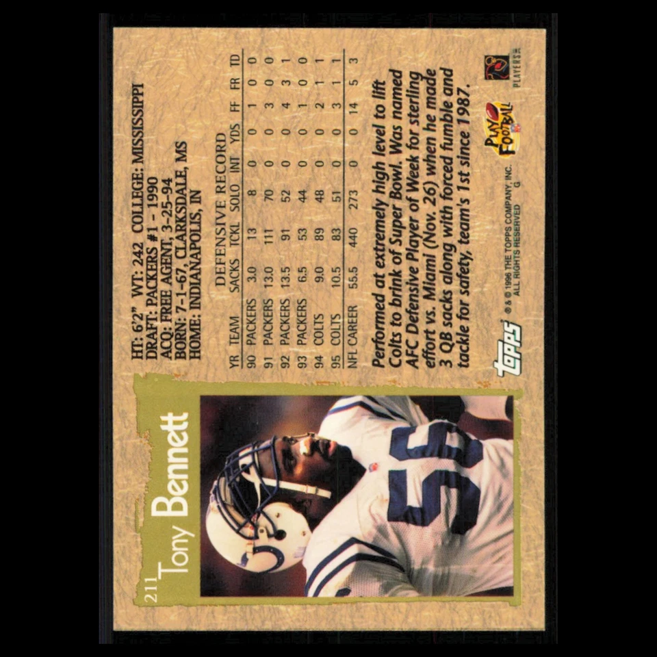 Tony Bennett #211 1996 Topps Indianapolis Colts Football Card NFL NM - Image 2 of 3
