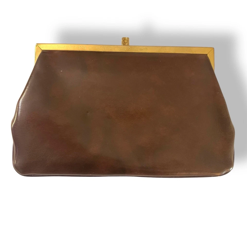 Vintage Etra Brown Vinyl Clutch Purse Envelope Handbag Hidden Gold Chain Party - Image 2 of 4