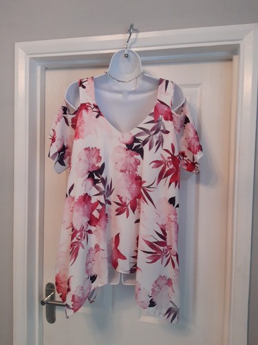 Roman Pink Floral Floaty Cold Shoulder Sheer Top Summer Holiday Size 12 - Picture 6 of 11