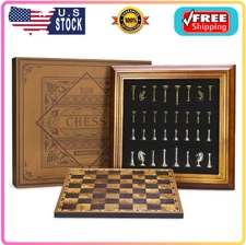 Vintage Chess Set,Wood Chess Board with Storage,Metal Chess Pieces, Classic Game
