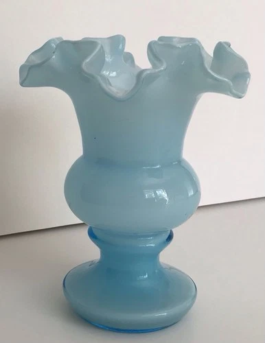 Vintage Fenton Art Glass Powder Blue Cased Overlay Crimped Vase 6.5" Height