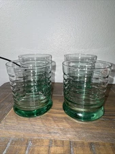 4 Libbey Spanish Green Sirrus Ribbed Glasses Low Ball Double Old Fashioned Y2K