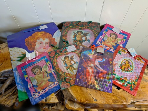 🎀 Vintage Valentine Gift Bag Lot Of 7 Angel Cherub Floral Y2K Decor Prismatic