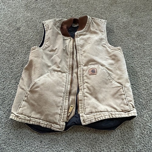 Vintage 90er Carhartt gesteppte gefütterte Canvas Weste Herren klein braun durchgehender Reißverschluss V01 BRN
