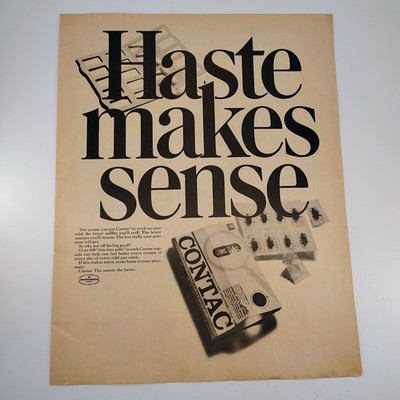 Contac Vintage Magazine Ad ''Haste Makes Sense'' Cold Medicine Print 1960s-70s