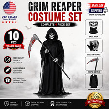 Halloween Grim Reaper Costume Scary Ghost Cosplay Props Kid Adult Size 4 Pcs Set