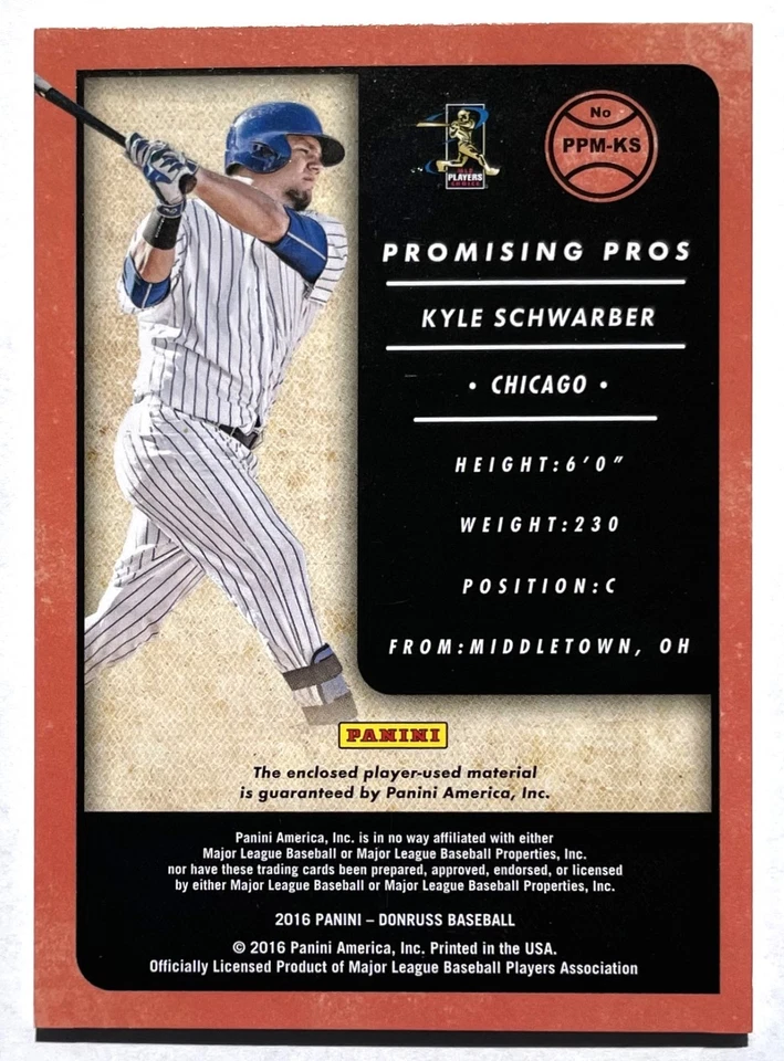 2016 Donruss Promising Pros Materials #PPM-KS ~ Kyle Schwarber RC Chicago Cubs - Image 2 of 2