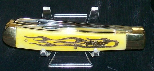 Pride Cutlery Knife Yellow Trapper 4-1/8 Closed Yellow Handles W/Flames W/Box - Picture 8 of 11