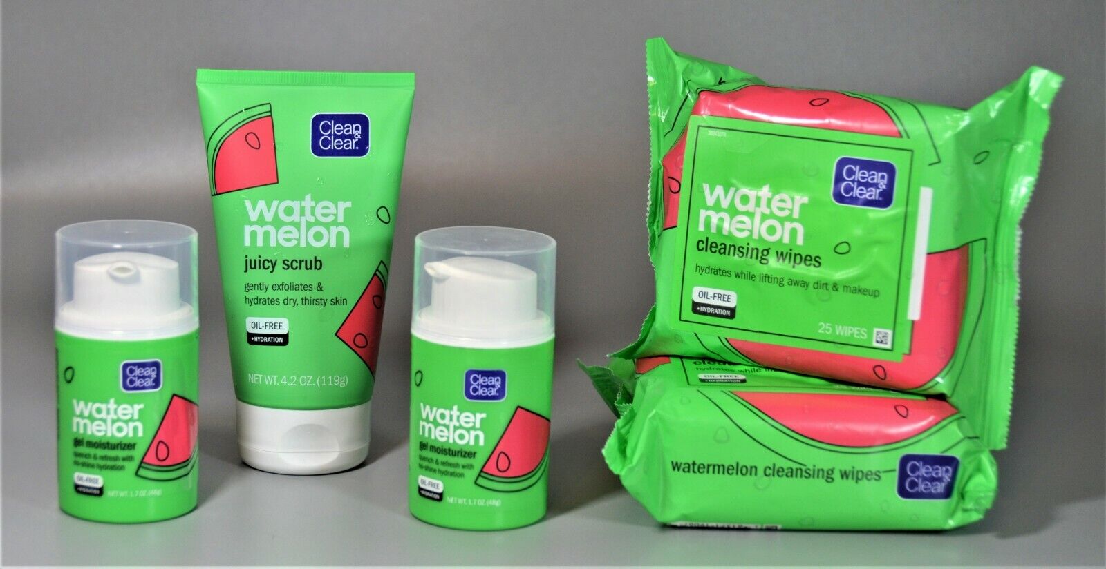 5 Pc Mixed Lot Clean & Clear Watermelon Gel Moisturizer Cleansing Wipes & Scrub