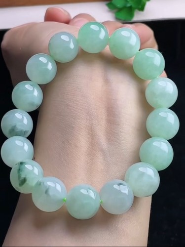 RARE Icy Translucent with Green Jadeite Jade 13.7MM Beads Bracelet Bangle【A】Gems - Picture 5 of 6