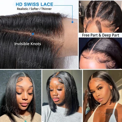 250%Brazilian Bone Straight Short Bob 13x4 Lace Frontal Human Hair 13x6 HD - Picture 5 of 16