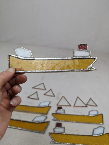 Stained Glass Freighter Boats 6 w/7 Triangle Pieces Handmade Artwork 7" Art Vtg - Picture 15 of 24