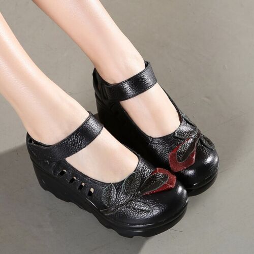 Spring Autumn Women Wedges Real Leather Shoes Round Toe Platform High Heels Pump - Picture 5 of 27
