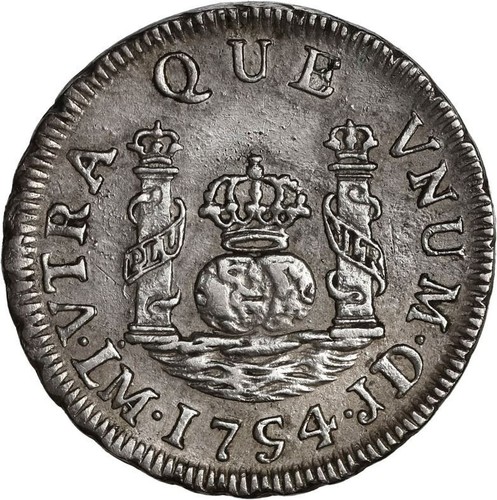 PERU Lima Silber Säule 1 echter Ferdinand VI 1754 JD Punkt über Münzzeichen Sorte - Bild 1 von 3