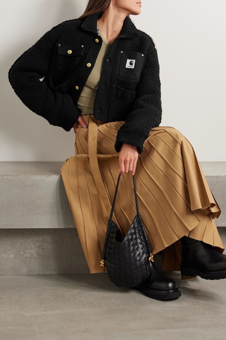 NEW SACAI Carhartt WIP cropped canvas-trimmed ribbed wool NEW SACAI Carhartt WIP cropped canvas-trimmed ribbed wool