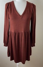 Ann Taylor Loft Burnt Orange Metallic Long Sleeve V Neck Sweater Dress Sz XXS
