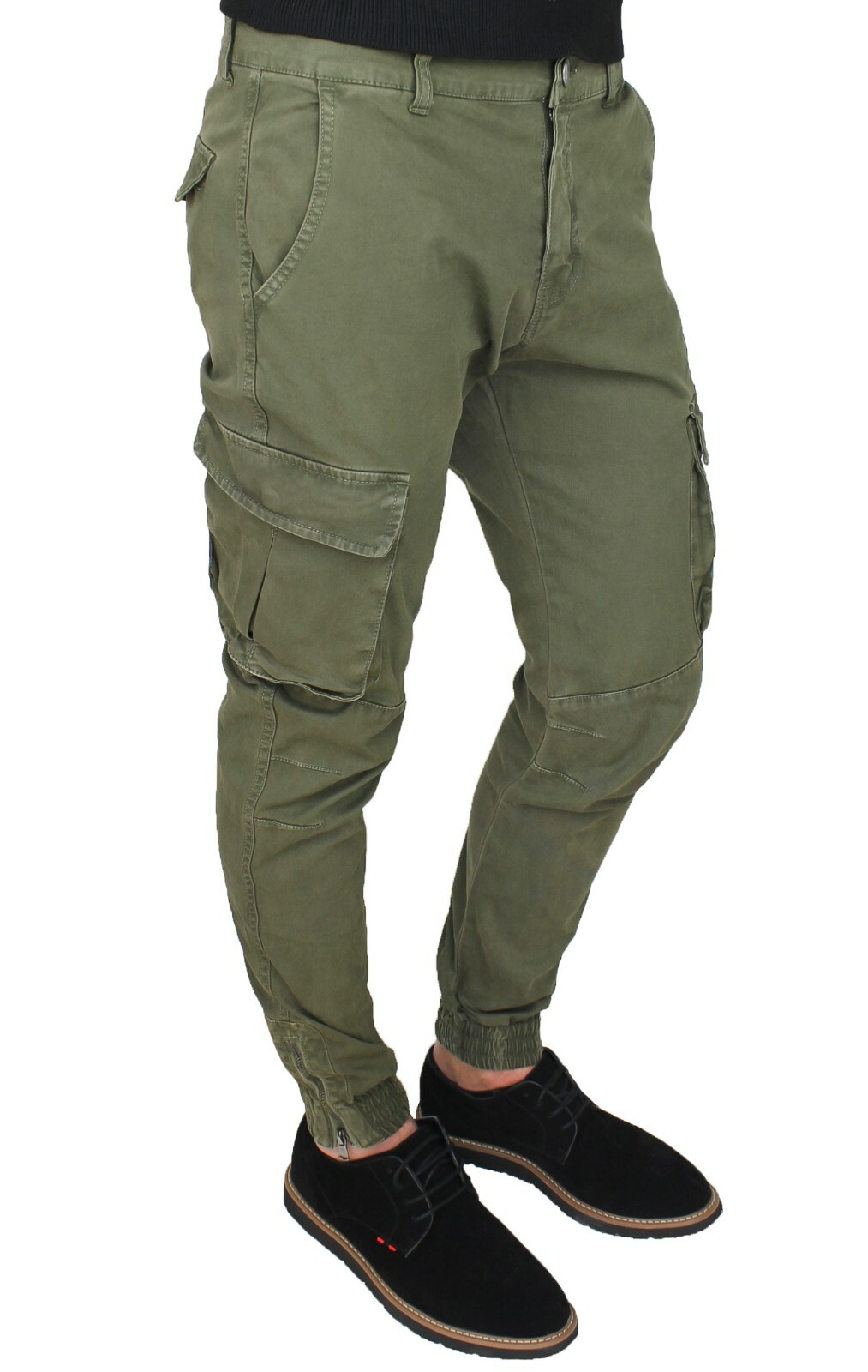 Pantaloni uomo Cargo slim fit jeans con tasconi laterali verde nero beige blu - Foto 2 di 13