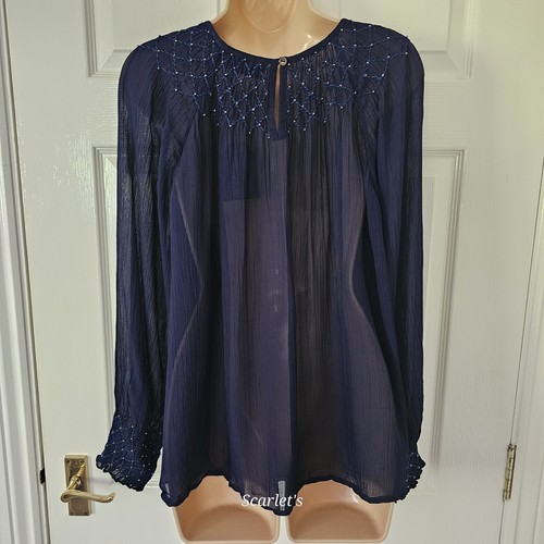 Fat Face Smocked Top Ava Embelished Midnight Blue Size 12 Semi Sheer New - Picture 9 of 14
