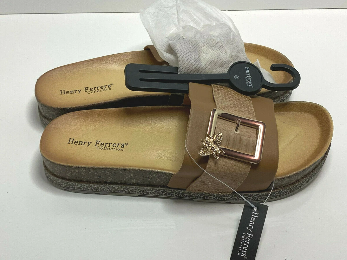 New Henry Ferrera Women s Camel Viva 500 Slides Gold Bee Buckle